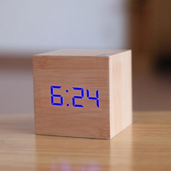 LED Wooden Cube Alarm Clock GEEKYGET