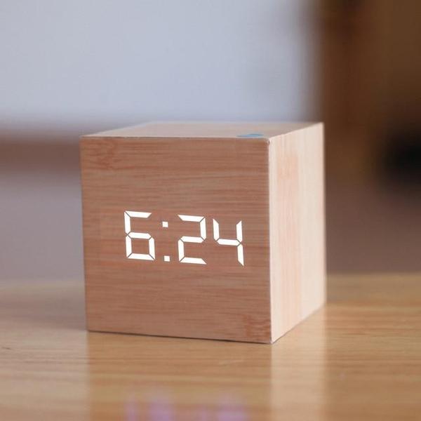 LED Wooden Cube Alarm Clock GEEKYGET
