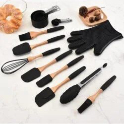 Rustic Black Silicone Baking Utensils with Wooden Handles
